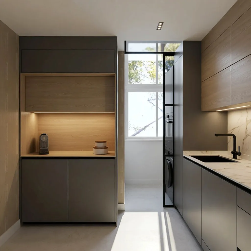 Cocina contemporánea en tonos neutros y madera con isla multifuncional