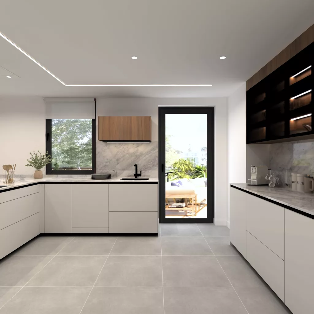 Cocina contemporánea con isla y equilibrio de materiales