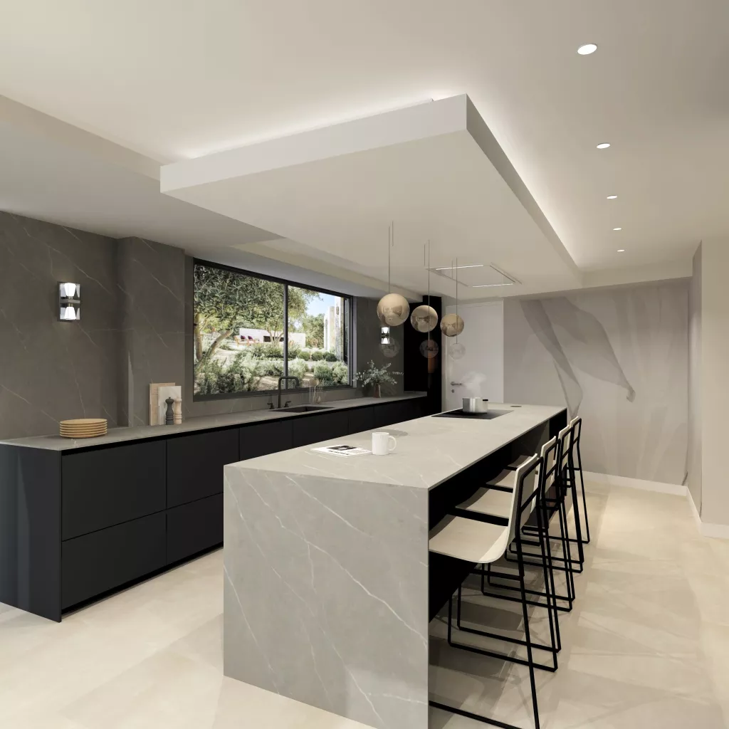 Cocina minimalista en negro y piedra: elegancia arquitectónica con vistas al exterior