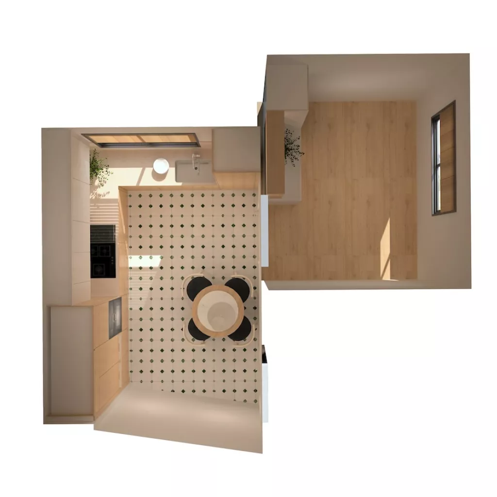Planta Cocina madera en L